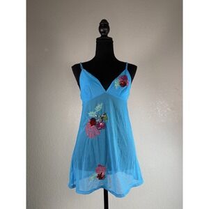 Y2K Victoria's Secret Blue Sheer Embroidered Sequins Floral Cami Womens Medium